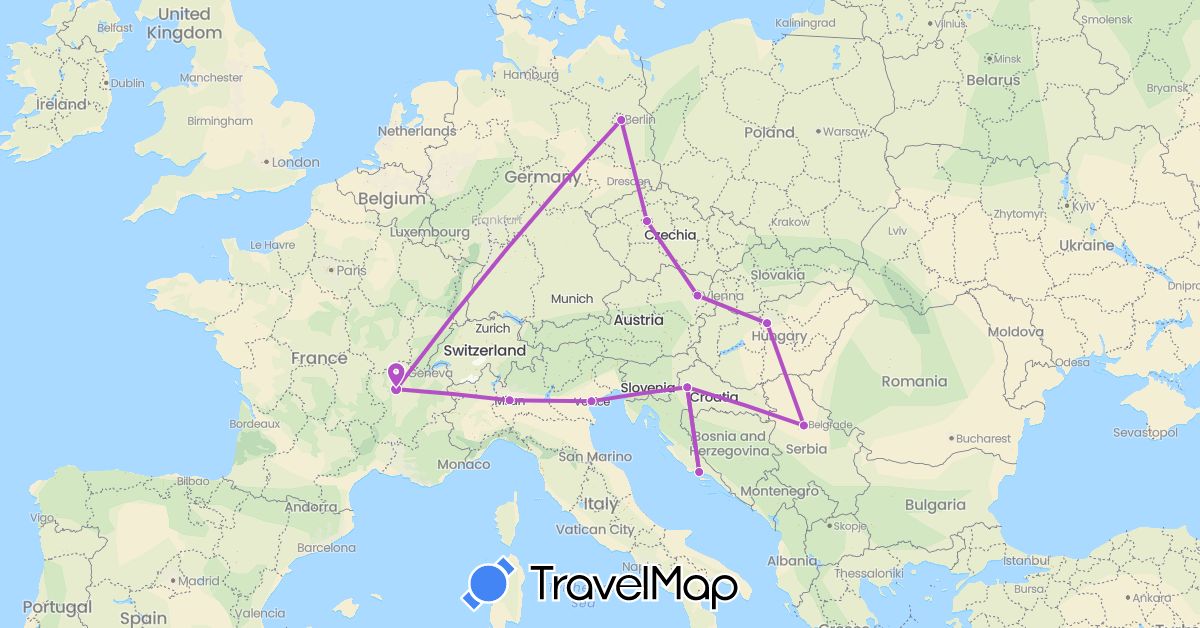 TravelMap itinerary: train in Austria, Czech Republic, Germany, France, Croatia, Hungary, Italy, Serbia (Europe)
